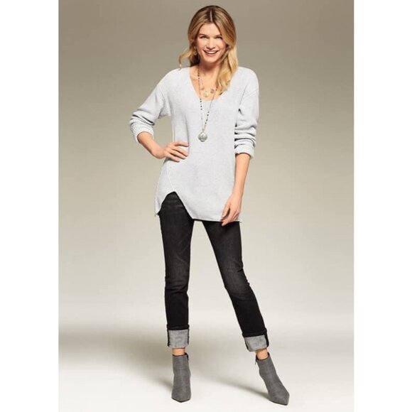 Cabi Small Sweater Zip Deep V Ribbed Top Asymmetric Gray Pullover Knit 3531 - Picture 4 of 11